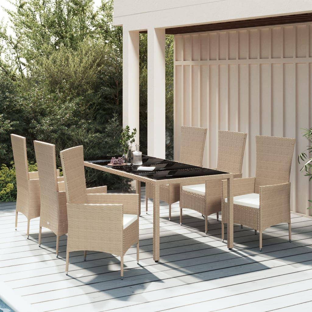 vida XL 7-tlg. Garten-Essgruppe mit Kissen Beige Poly Rattan