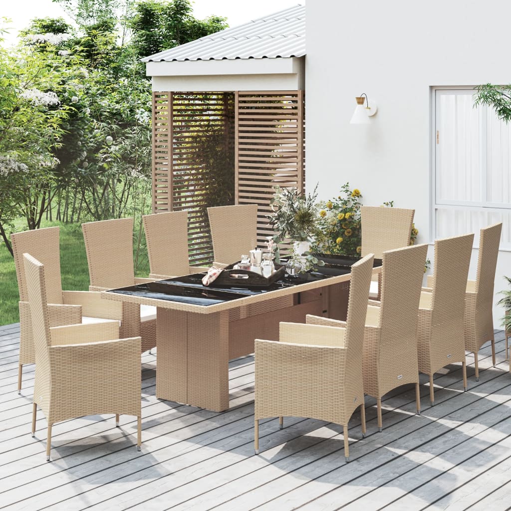 vida XL 11-tlg. Garten-Essgruppe mit Kissen Beige Poly Rattan