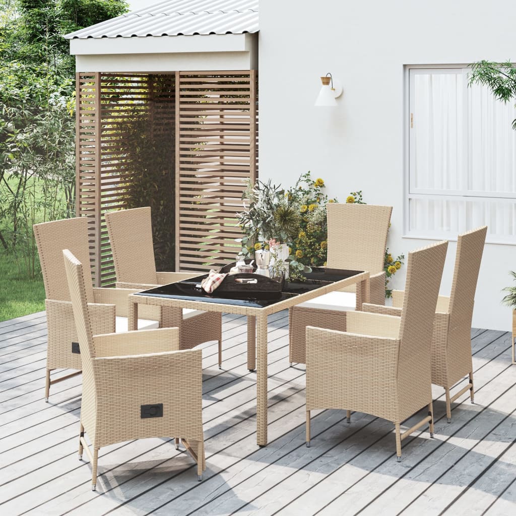 vidaXL 7-tlg. Garten-Essgruppe mit Kissen Beige Poly Rattan