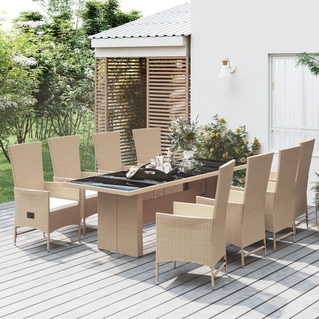 vidaXL 9-tlg. Garten-Essgruppe mit Kissen Beige Poly Rattan