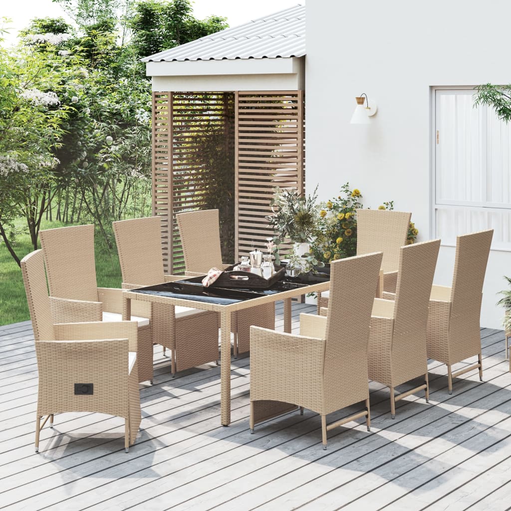 vidaXL Meubles à dîner de jardin et coussins 9 pcs beige Poly rotin