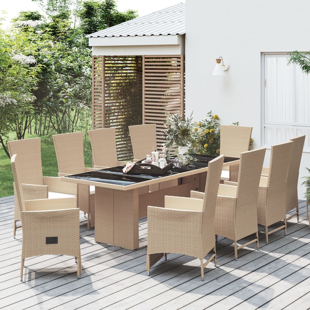 vidaXL 11-tlg. Garten-Essgruppe mit Kissen Beige Poly Rattan