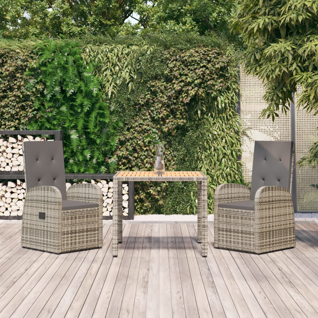 vidaXL 3-tlg. Garten-Essgruppe mit Kissen Grau Poly Rattan