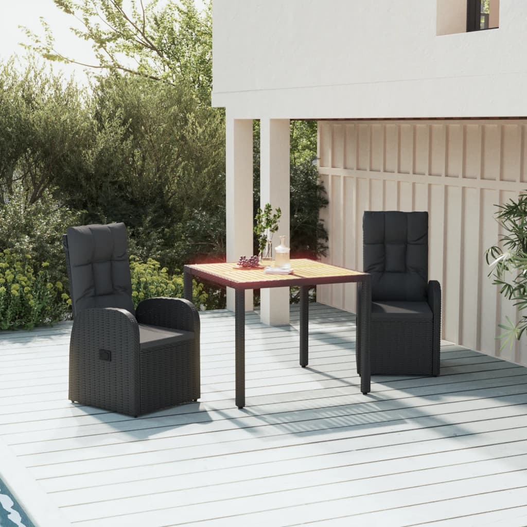 vidaXL 3-tlg. Garten-Essgruppe mit Kissen Schwarz Poly Rattan