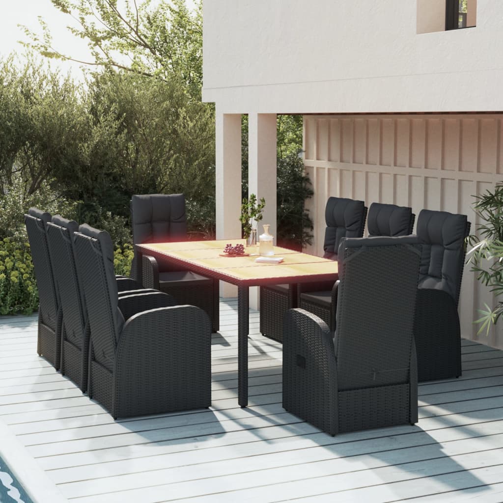 vidaXL 9-tlg. Garten-Essgruppe mit Kissen Schwarz Poly Rattan