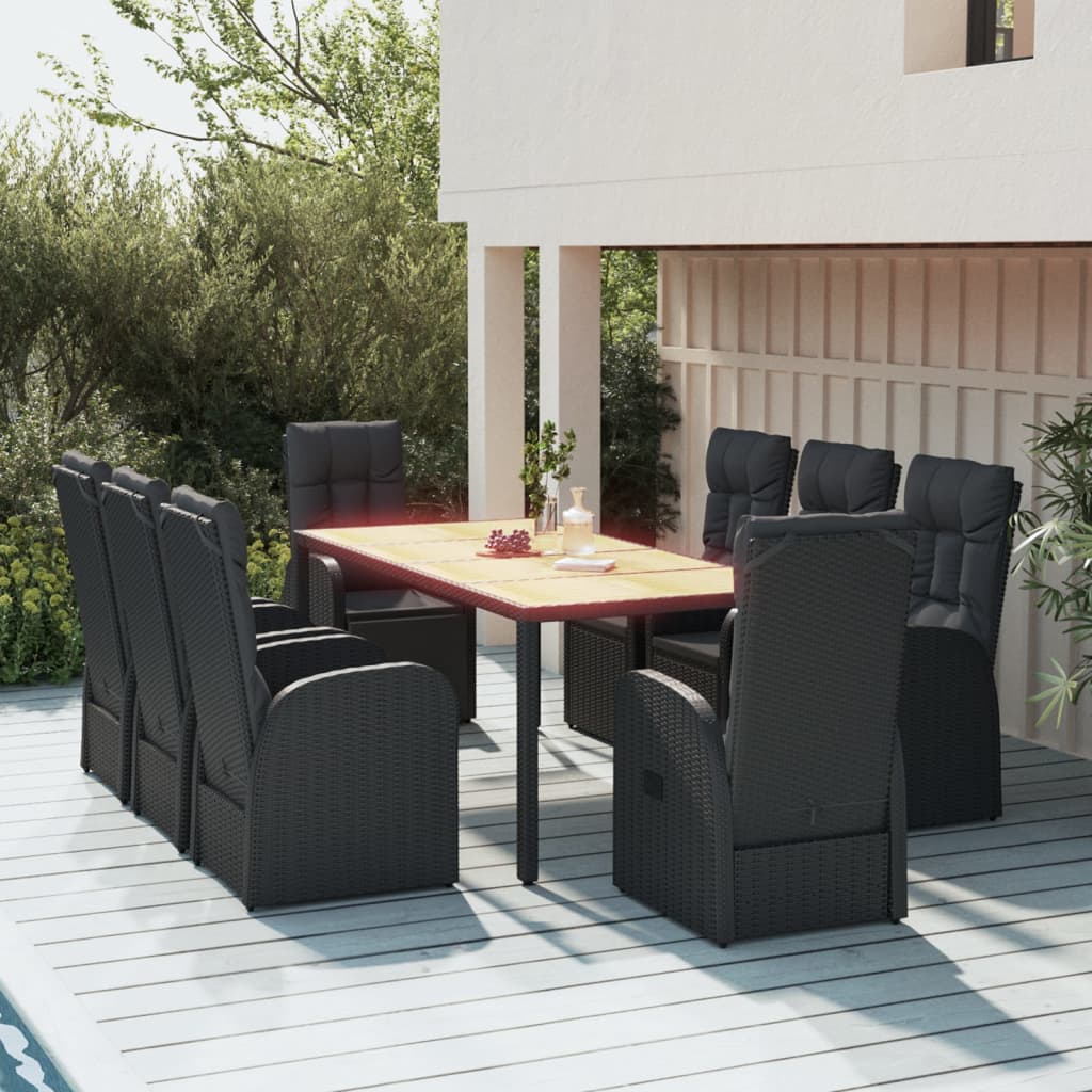 vidaXL 9-tlg. Garten-Essgruppe mit Kissen Schwarz Poly Rattan