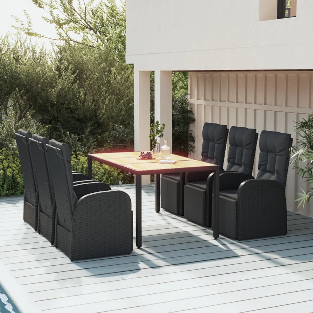 Ensemble à dîner de jardin 7 pcs Noir Poly rotin et acacia