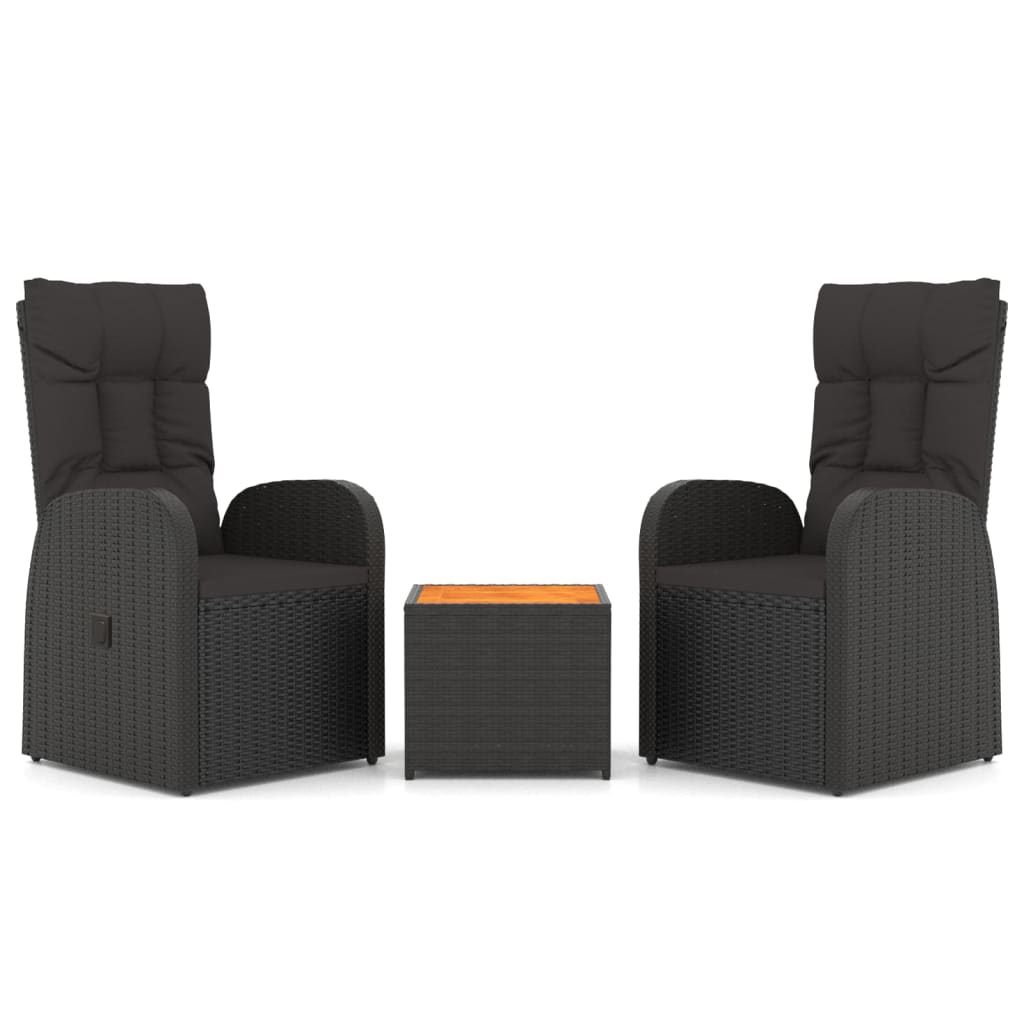 vidaXL Set șezlonguri grădină, 3 piese, negru, poliratan&lemn acacia