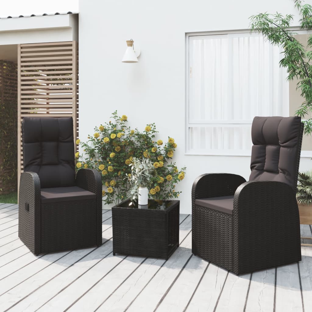 Vidaxl Set Sezlonguri Gradina, 3 Piese, Negru, Poliratan&otel