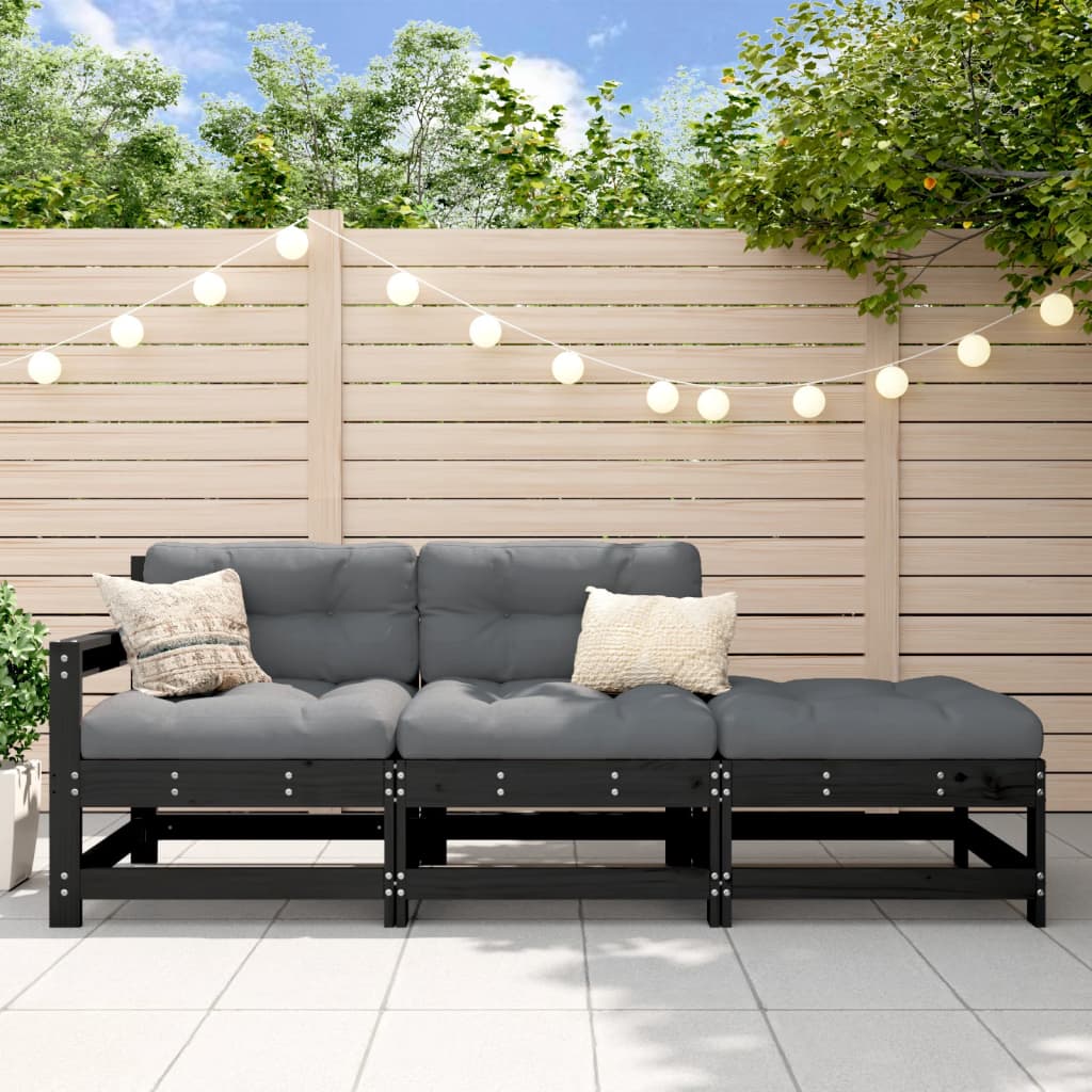 vidaXL 3-tlg. Garten-Lounge-Set mit Kissen Schwarz Massivholz