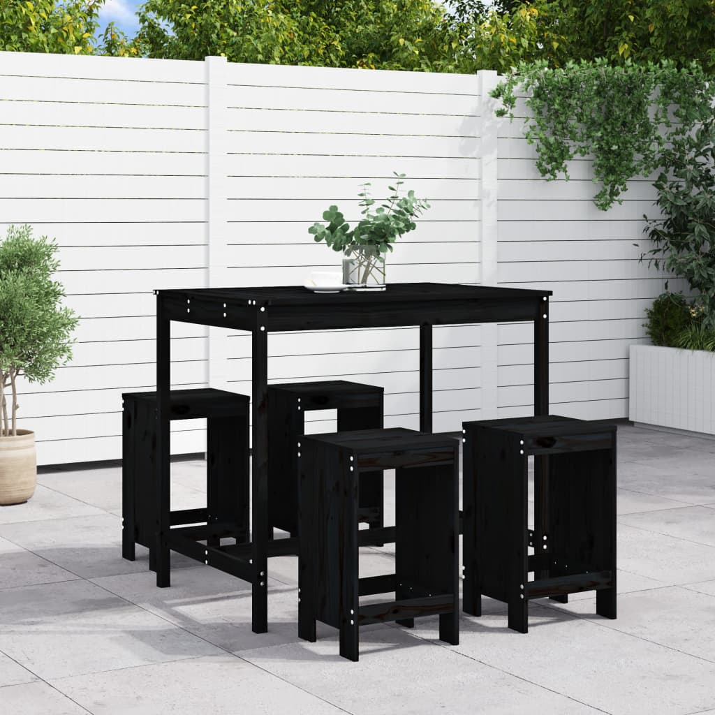 Vidaxl Set Mobilier Bar De Gradina, 5 Piese, Negru, Lemn Masiv De Pin