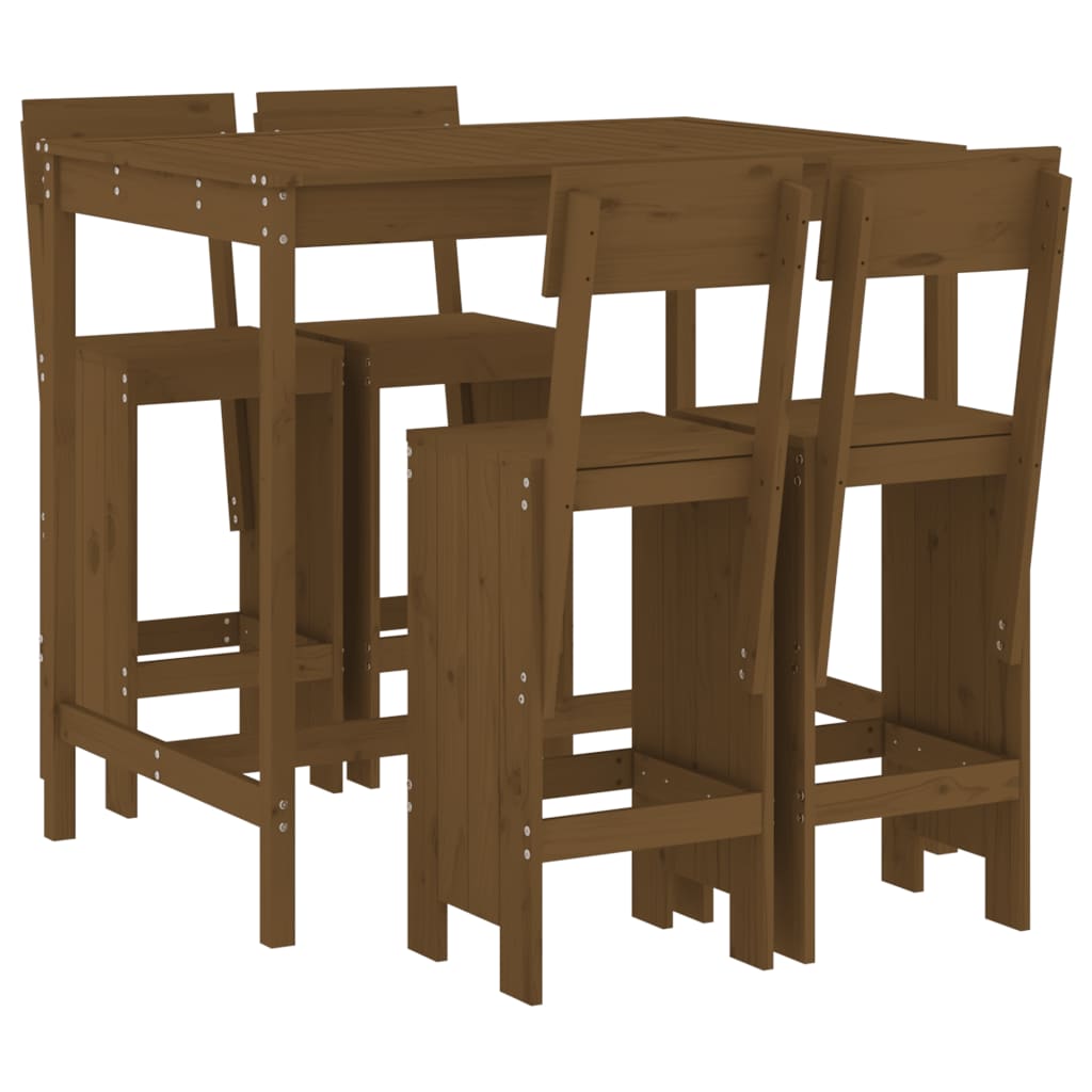Zestaw mebli barowych drewnianych, lite drewno sosnowe, kolor miodowy brąz, wymiary stolika 121 x 82,5 x 110 cm, wymiary hokera 40 x 48,5 x 115,5 cm