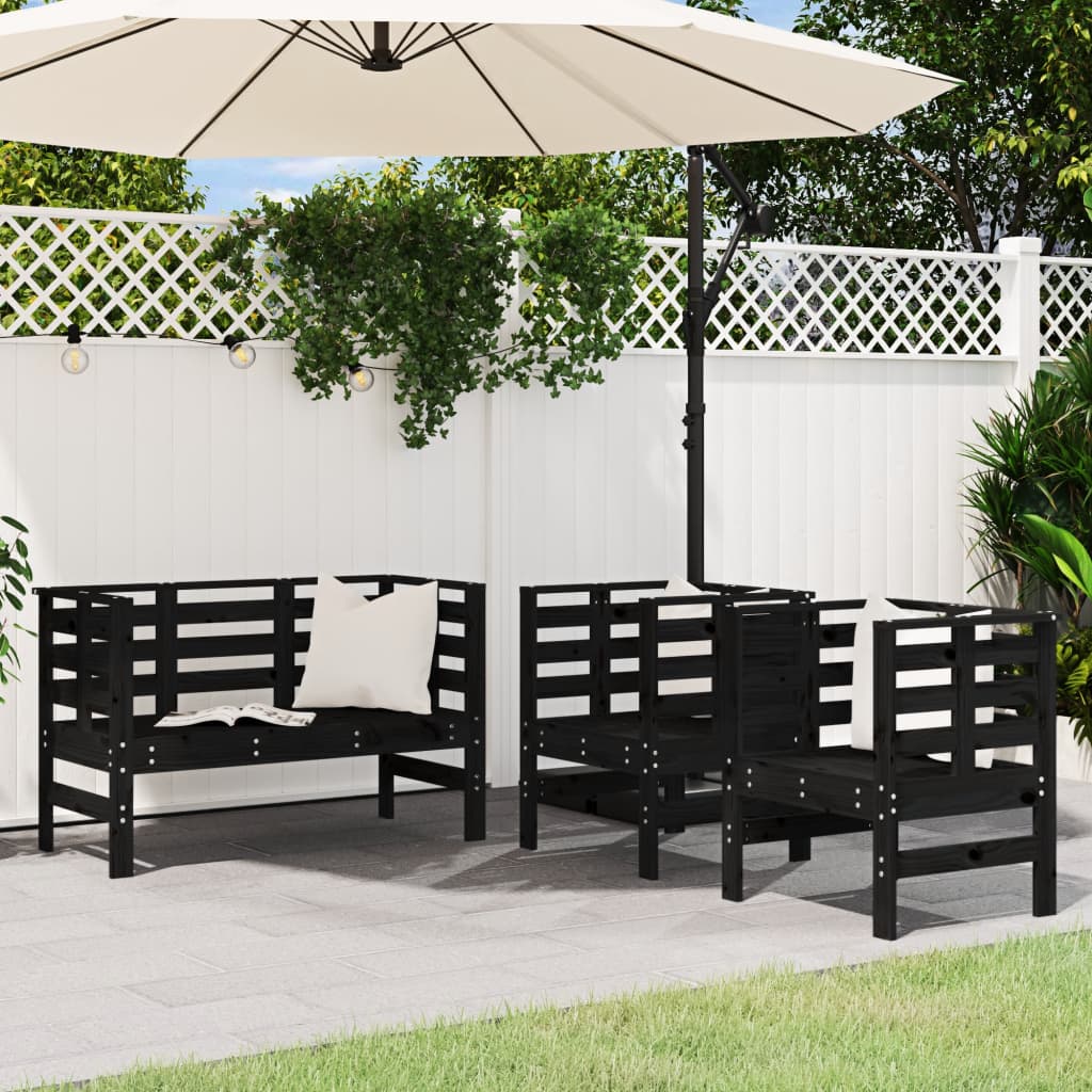 3-tlg. Garten-Lounge-Set Schwarz Massivholz Kiefer