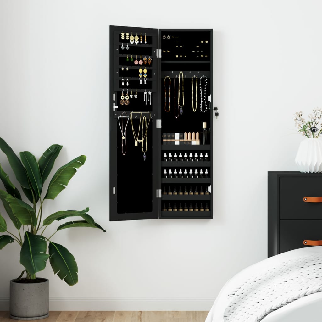 Schmuckschrank mit Spiegel Wandmontage Schwarz 30×8,5×106 cm