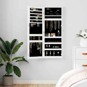 Omarica za nakit z ogledalom stenska bela 37,5x10x106 cm