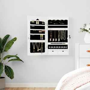 Omarica za nakit z ogledalom stenska bela 37,5x10x67 cm