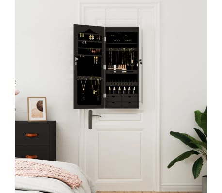 vidaXL Sieninė veidrodinė papuo&scaron;alų spintelė, juoda, 37,5x10x90cm