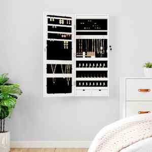 Omarica za nakit z ogledalom in LED lučmi stenska bela