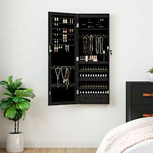 Omarica za nakit z ogledalom in LED lučmi stenska črna