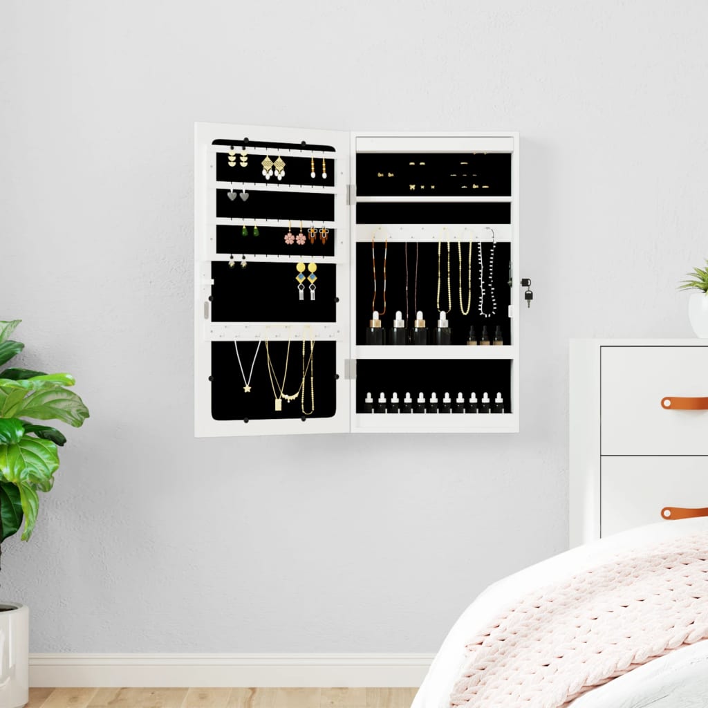 vidaXL Móvel para joias de parede espelhado com luzes LED branco