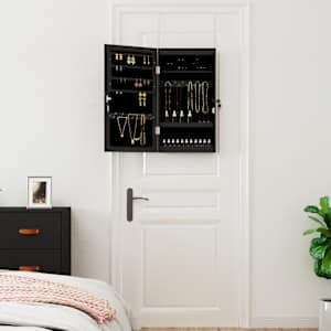 vidaXL Sieradenkast met spiegel en LED wandgemonteerd zwart