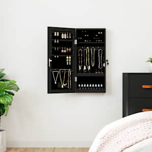 Omarica za nakit z ogledalom in LED lučmi stenska črna