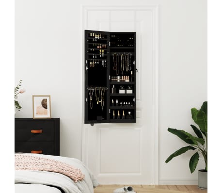 vidaXL Dulap de bijuterii cu oglindă și lumini LED, de perete, negru