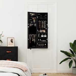 vidaXL Dulap de bijuterii cu oglindă și lumini LED, de perete, negru