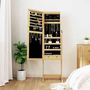 vidaXL Огледален шкаф за бижута с LED осветление, свободностоящ