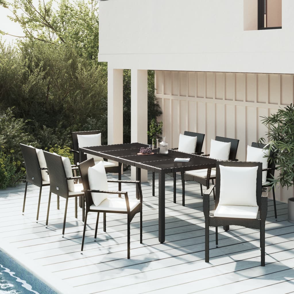 vidaXL 9-tlg. Garten-Essgruppe mit Kissen Schwarz Poly Rattan