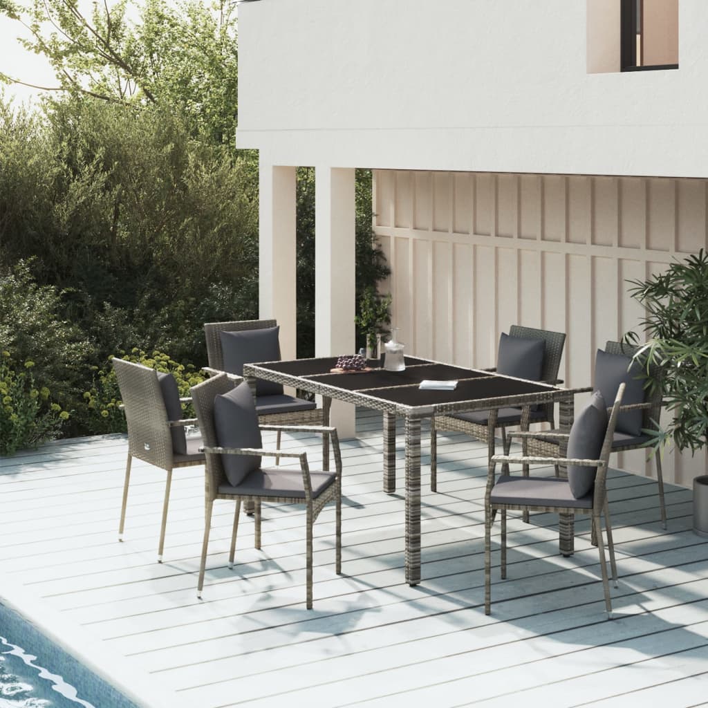 vidaXL 7-tlg. Garten-Essgruppe mit Kissen Grau Poly Rattan