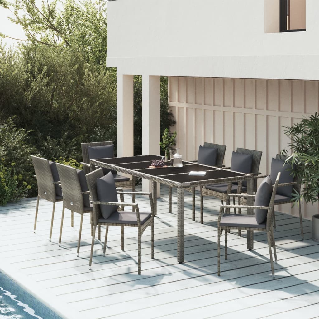 vidaXL 9-tlg. Garten-Essgruppe mit Kissen Grau Poly Rattan