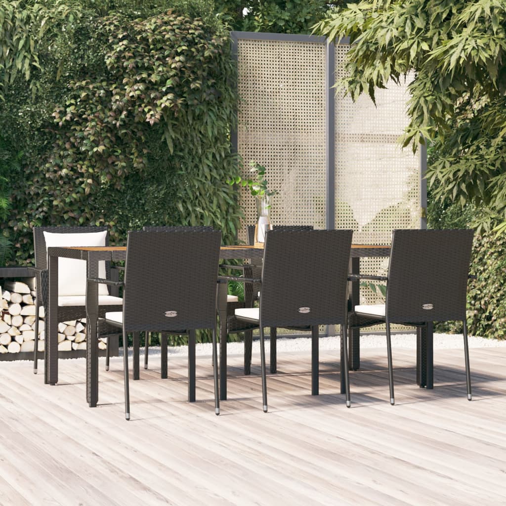 vidaXL 7-tlg. Garten-Essgruppe mit Kissen Schwarz Poly Rattan