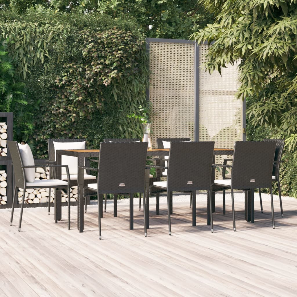 vidaXL 9-tlg. Garten-Essgruppe mit Kissen Schwarz Poly Rattan