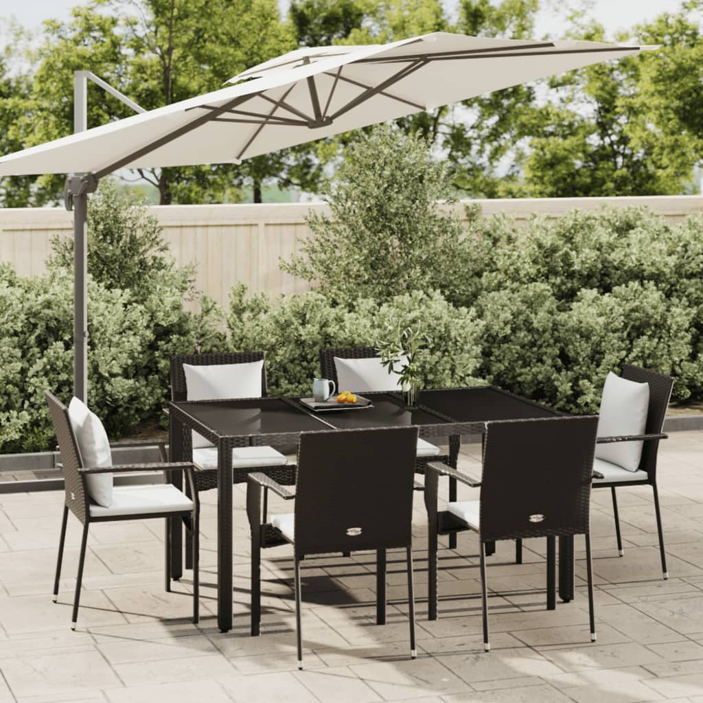 vidaXL 7-tlg. Garten-Essgruppe mit Kissen Schwarz Poly Rattan