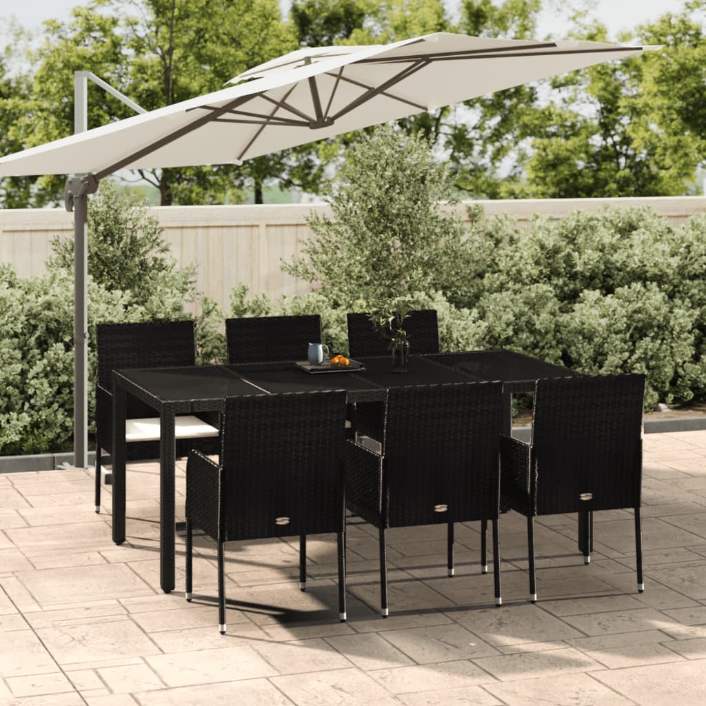 vida XL 7-tlg. Garten-Essgruppe mit Kissen Schwarz Poly Rattan
