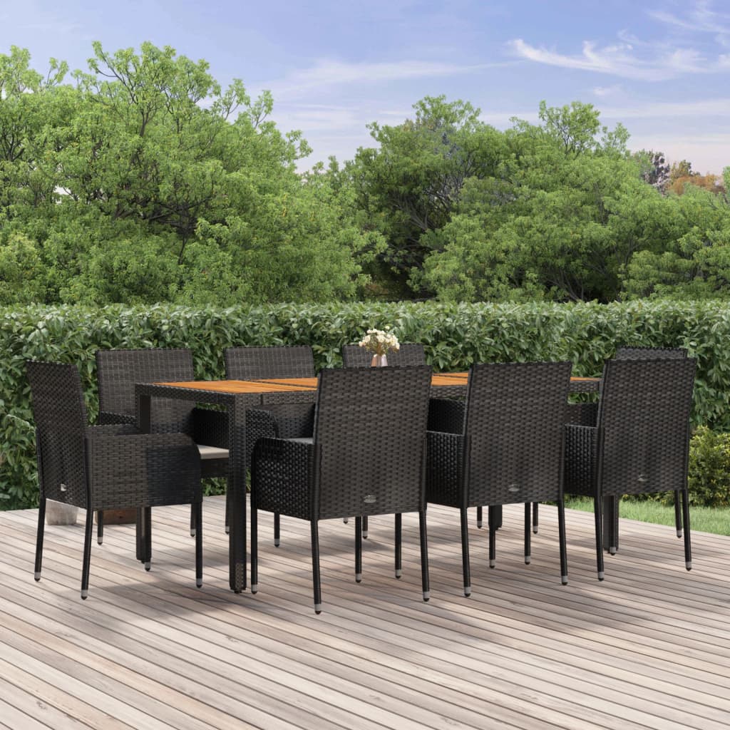 vidaXL 9-tlg. Garten-Essgruppe mit Kissen Schwarz Poly Rattan