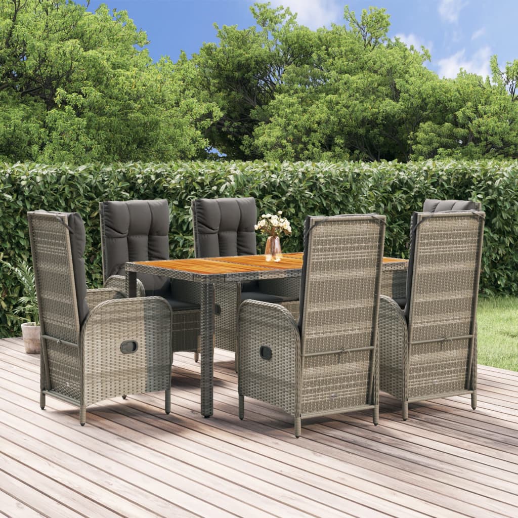 vidaXL 7-tlg. Garten-Essgruppe mit Kissen Grau Poly Rattan