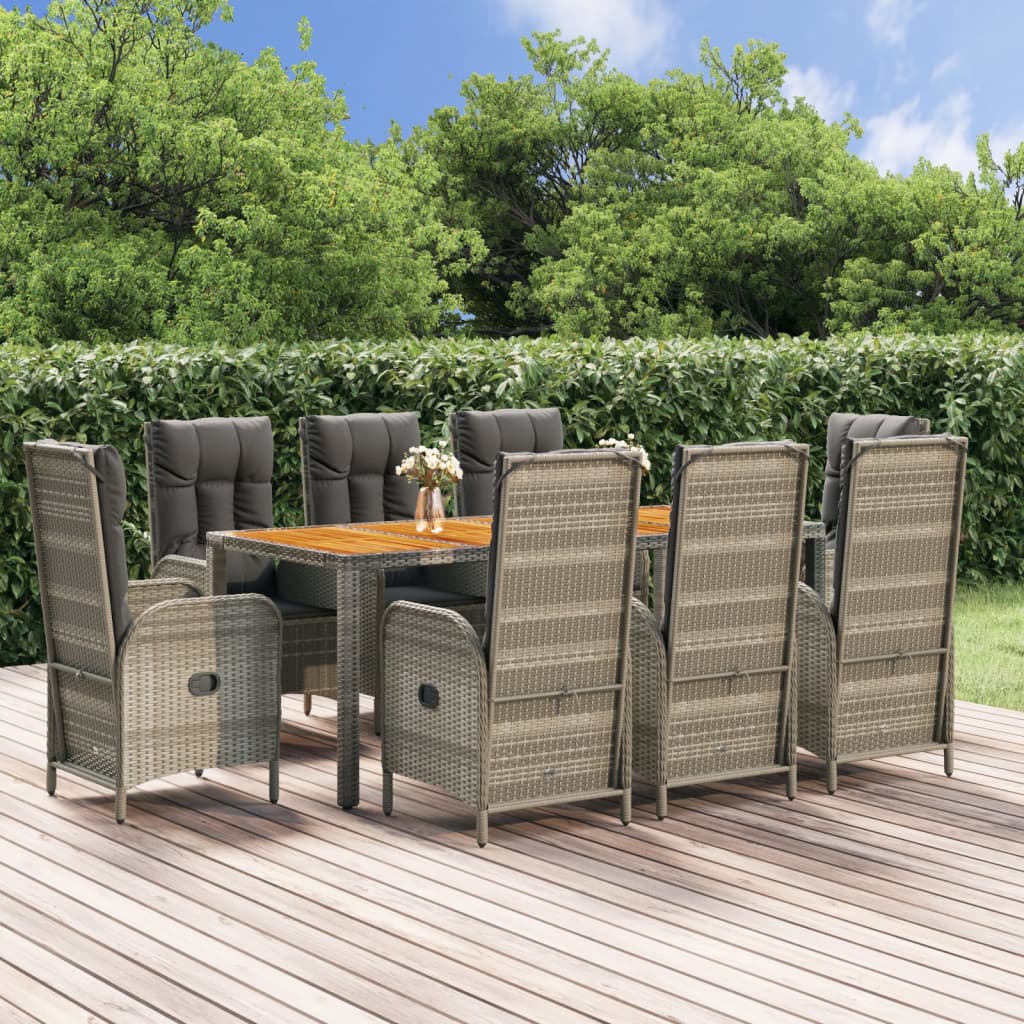 vidaXL 9-tlg. Garten-Essgruppe mit Kissen Grau Poly Rattan