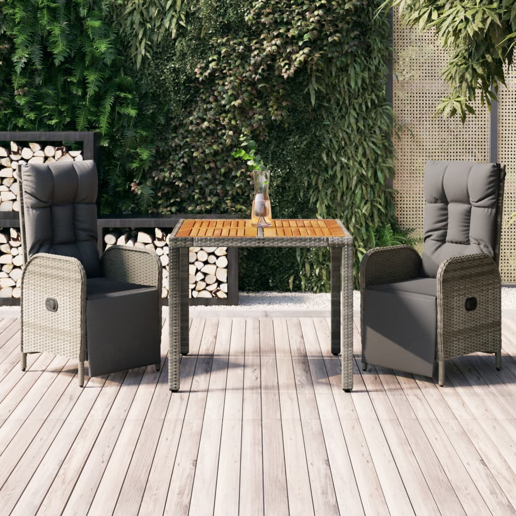 vidaXL 3-tlg. Garten-Essgruppe mit Kissen Grau Poly Rattan