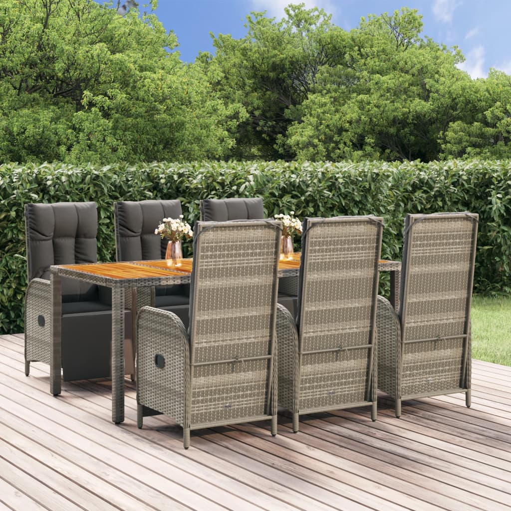 vidaXL 7-tlg. Garten-Essgruppe mit Kissen Grau Poly Rattan