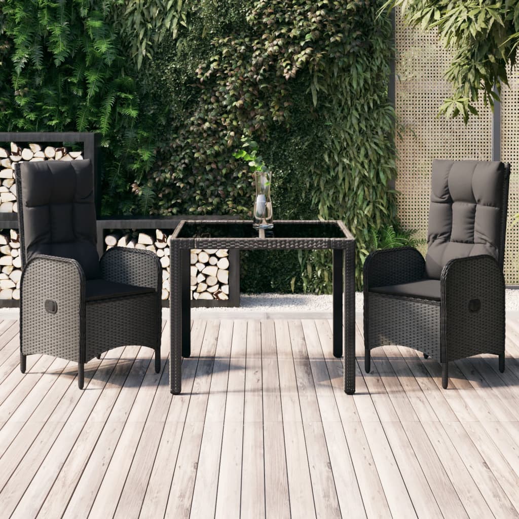 vida XL 3-tlg. Garten-Essgruppe mit Kissen Schwarz Poly Rattan