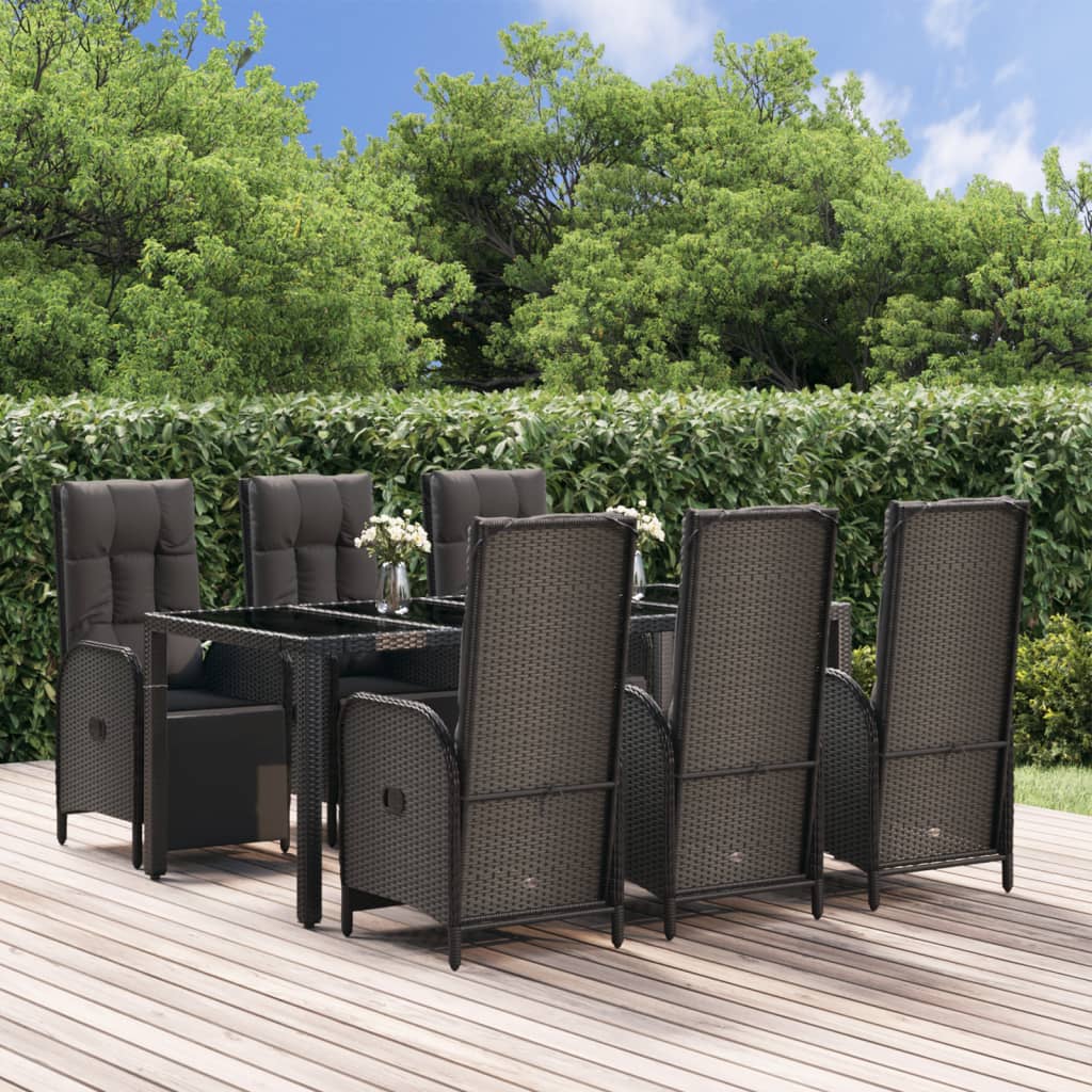 vida XL 7-tlg. Garten-Essgruppe mit Kissen Schwarz Poly Rattan