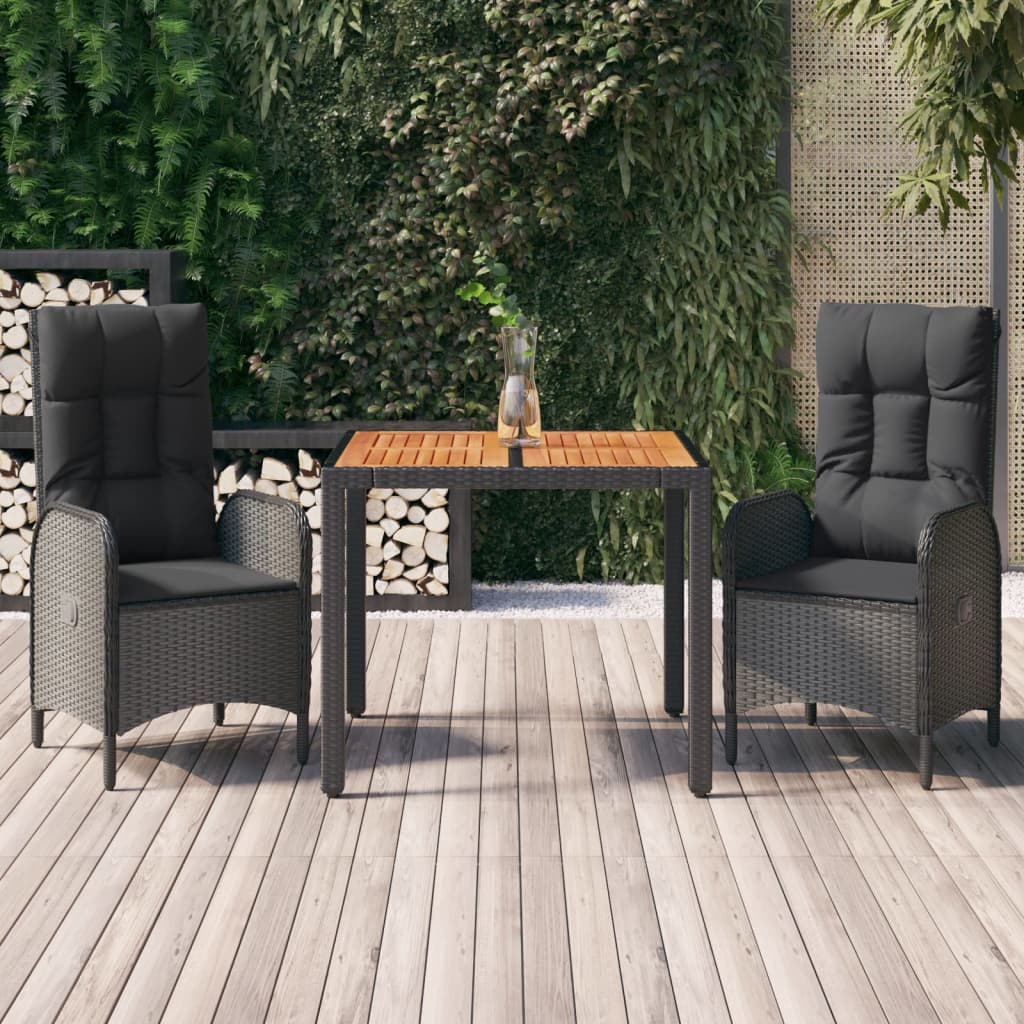 vidaXL 3-tlg. Garten-Essgruppe mit Kissen Schwarz Poly Rattan