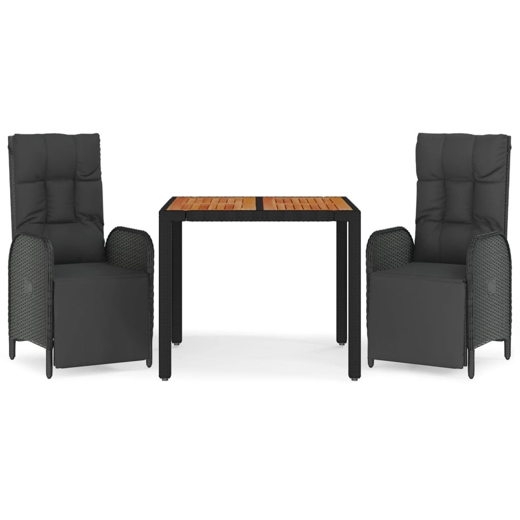 vidaXL 3dílný zahradní jídelní set s poduškami černý polyratan