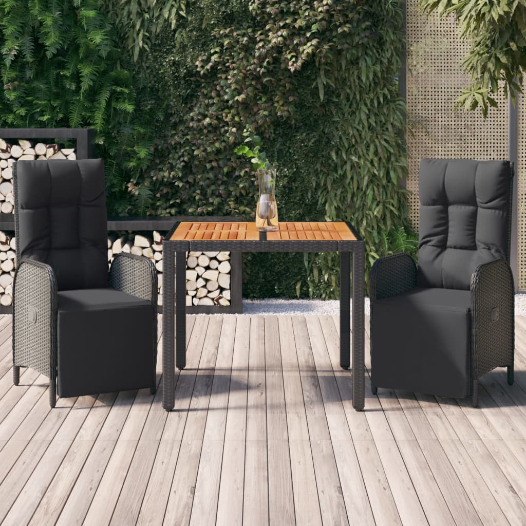 vidaXL 3-tlg. Garten-Essgruppe mit Kissen Schwarz Poly Rattan