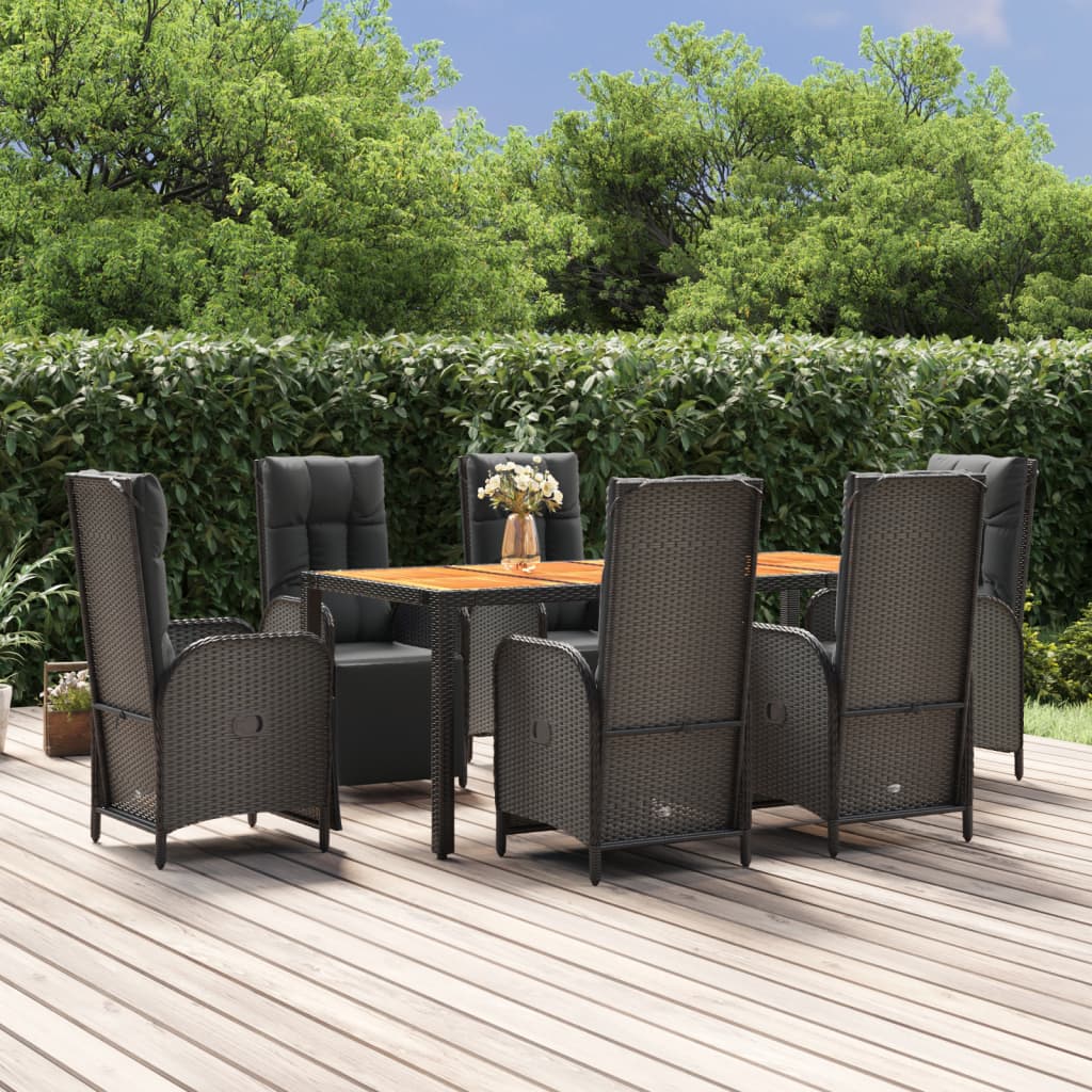 vidaXL 7-tlg. Garten-Essgruppe mit Kissen Schwarz Poly Rattan