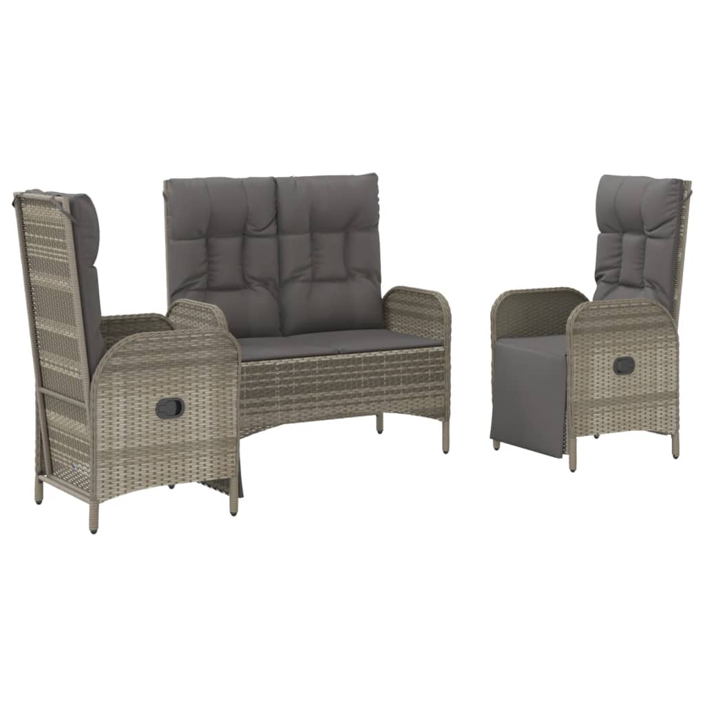 vidaXL 3-delige Tuinset met kussens poly rattan grijs afbeelding