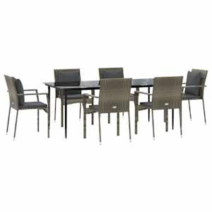 vidaXL 7-tlg. Garten-Essgruppe mit Kissen Schwarz und Grau Poly Rattan