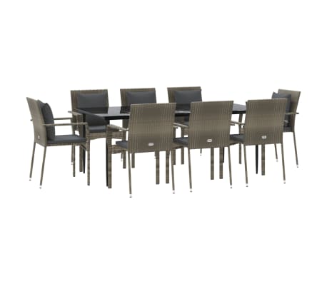 vidaXL 9-tlg. Garten-Essgruppe mit Kissen Schwarz und Grau Poly Rattan